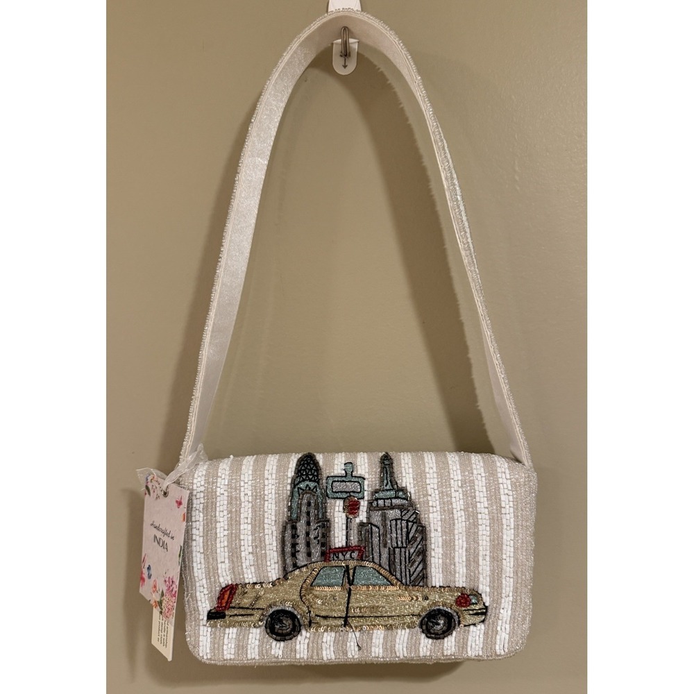 Handcrafted in India Taxi Cab NYC Skyline Strioed Beaded Embroidered Sequin Bag